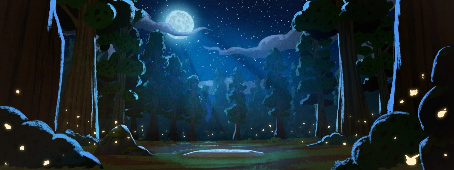 A moonlit forest clearing, fireflies drifting between the trees.