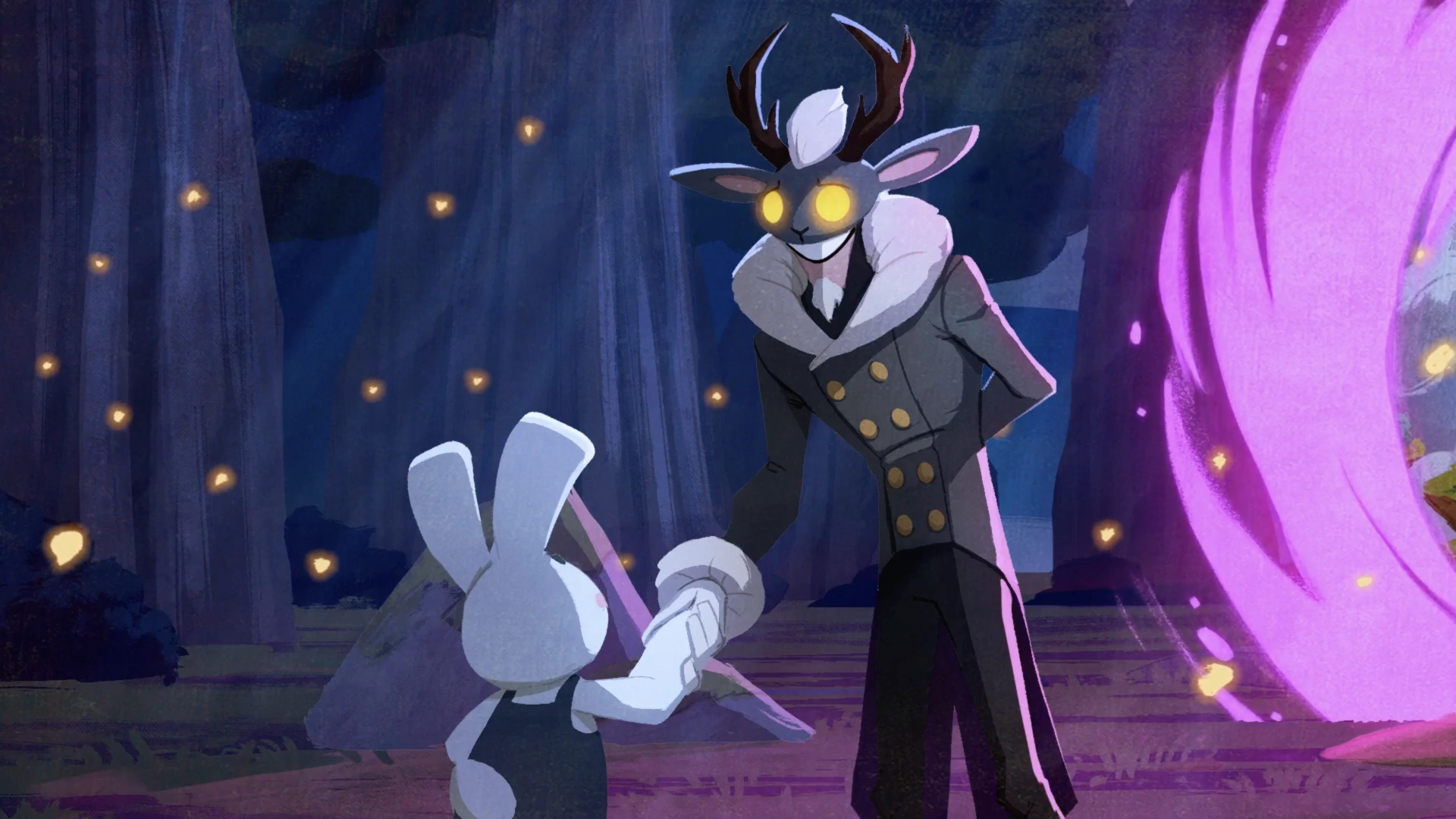 The antlered Forest King looming over Milo before a glowing portal.