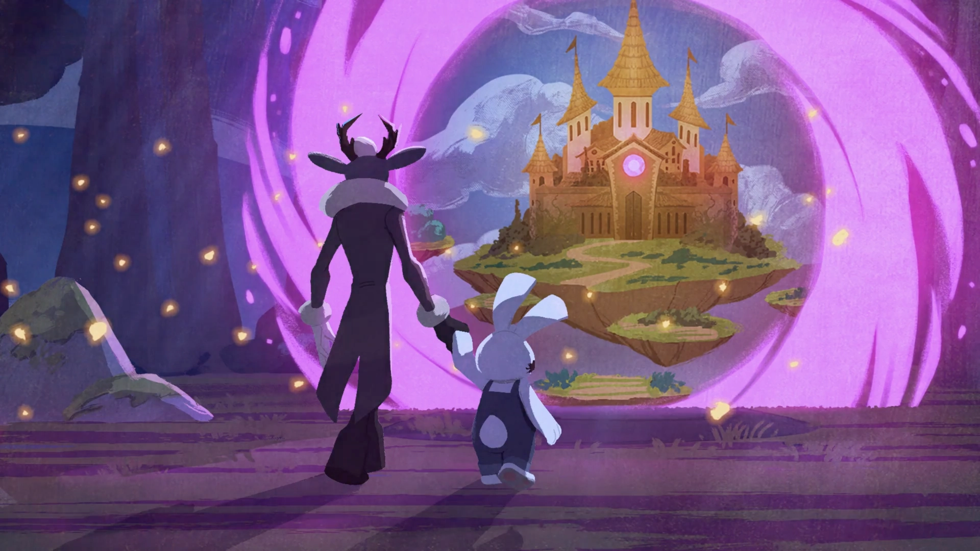 The Forest King leading Milo toward a golden castle inside a portal.