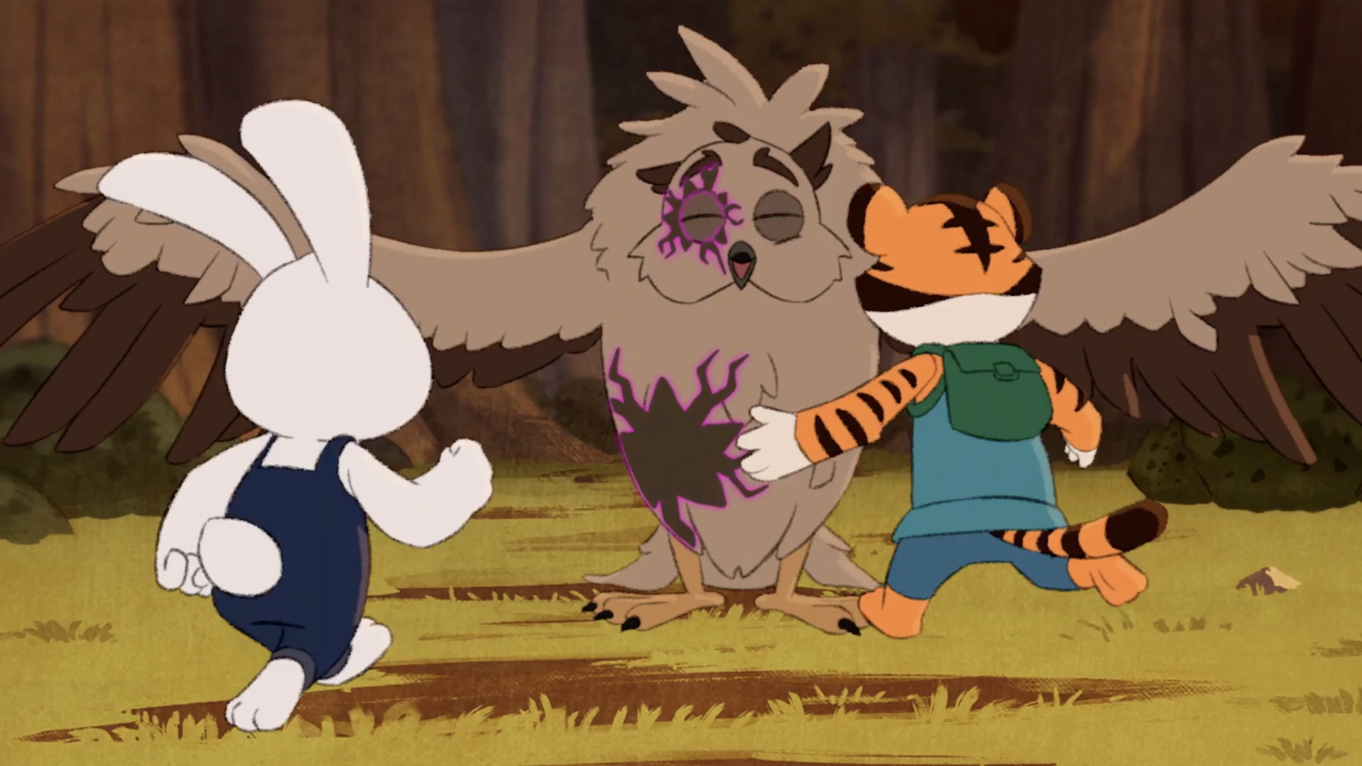 Milo running past the Owl, who still carries the Forest King's mark.